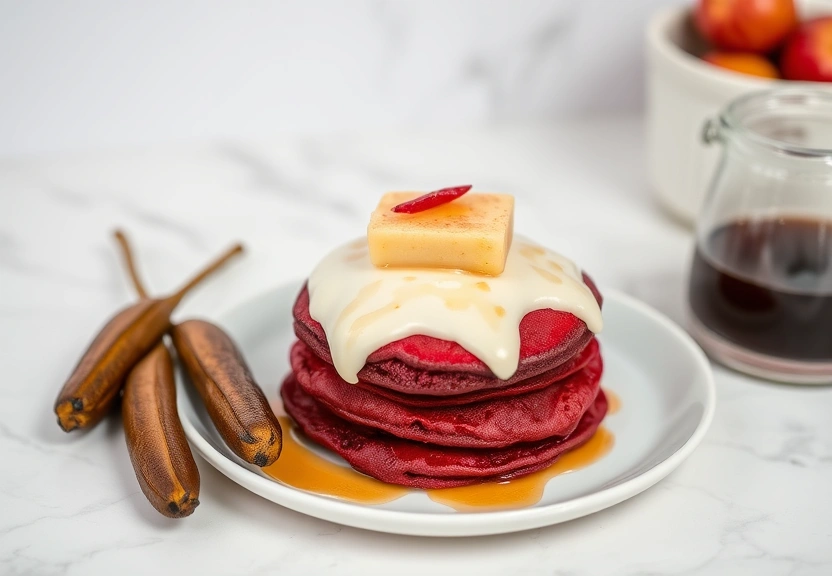 Representação visual de Red velvet pancakes w/ fried plantains 😃